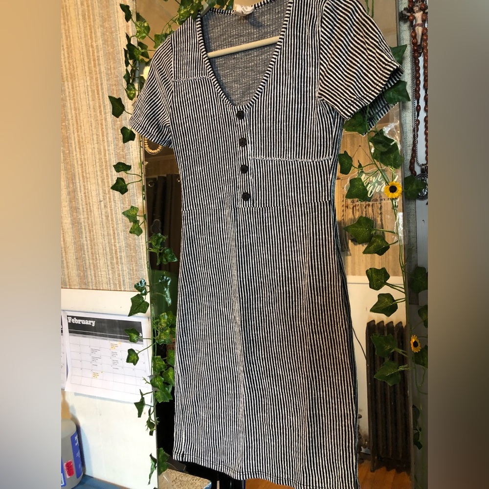 Caution to the wind mini dress - navy blue and white striped. Size small